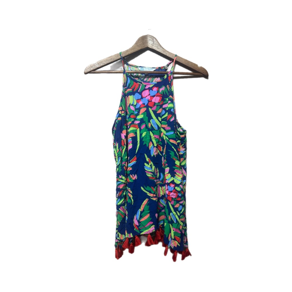 Escapada Living Tank Top Womens L Blue Floral Excellent Tassel Hem Halter Neck